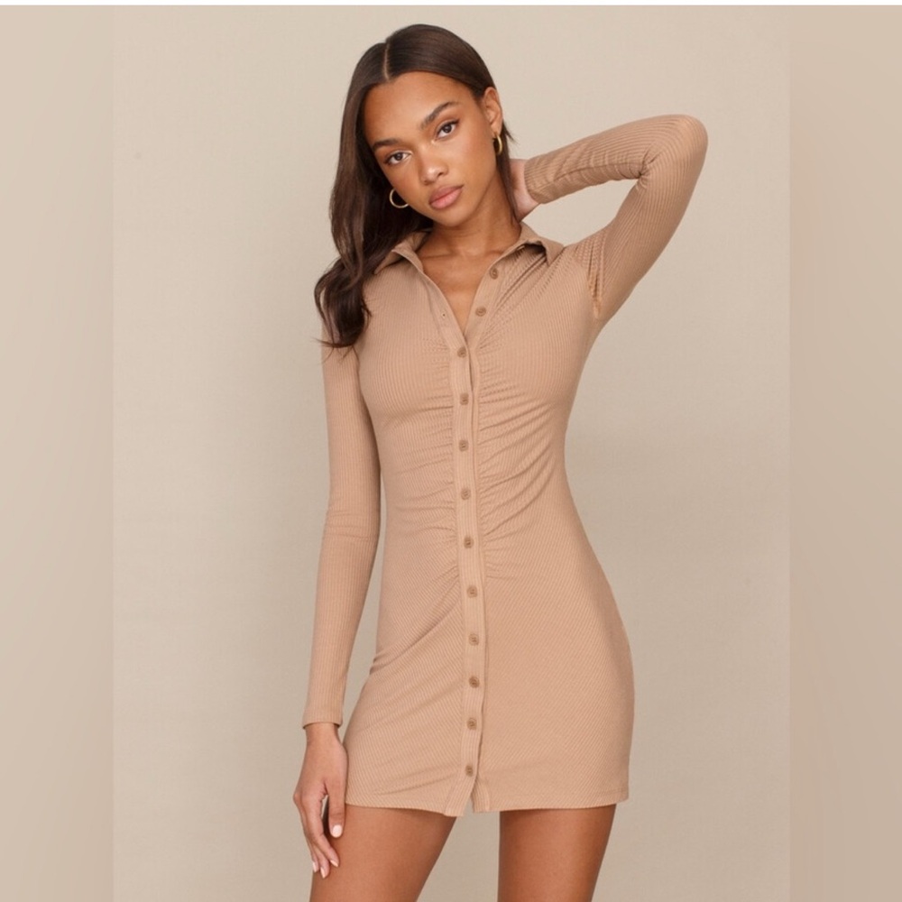 Tan Ribbed Button-Up Dress